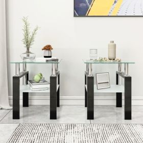 Set Of 2, Modern Tempered Glass Tea Table Coffee Table End Table, Square Table For Living Room, Transparent Black