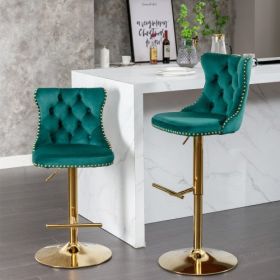 Golden Swivel Velvet Barstools Adjusatble Seat Height From 25-33 Inch Green,Set Of 2