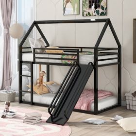 Twin Over Twin House Bunk Bed With Built-in Ladder (Color: Black)