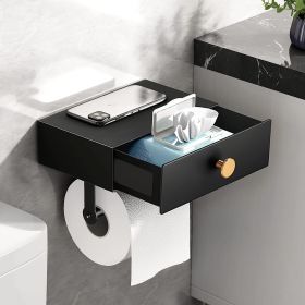 Toilet Paper Holder with Shelf Black Wipes Dispenser for Bathroom Stainless Steel Toilet Paper Holder with Storage Drawer Adhesive Wall Mount Small Ba (Color: Black Gold)