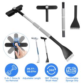 2 In 1 Ice Scraper Extendable Car Snow Brush Telescopic Snow Removal Tool Automobile Snow Shovel Frost Removal with 360¬∞ Pivoting Brush Head Sponge G (Color: Grey)