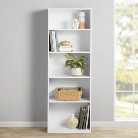 5-Shelf Bookcase with Adjustable Shelves, White (Color: White)